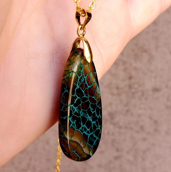 New Dragon Veins Agate Drop Gold Plated Necklace. - Picture 14 of 16